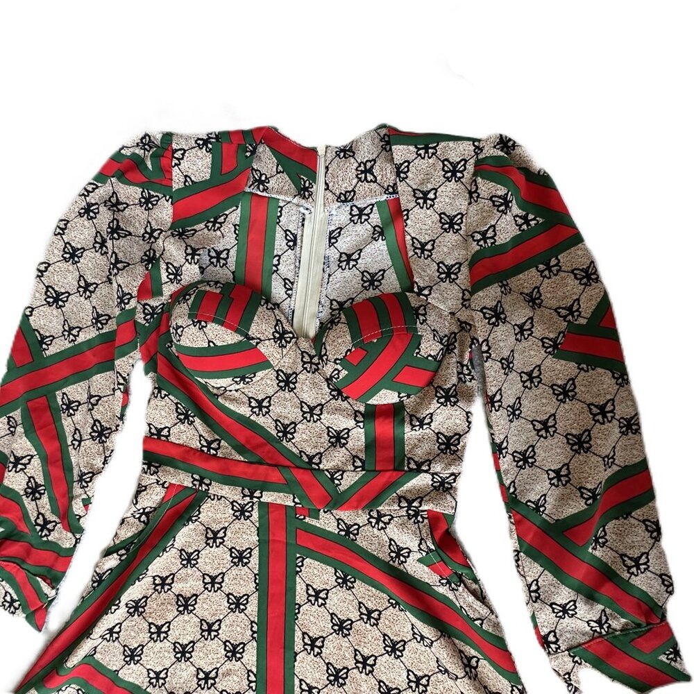 Small Long-sleeved Maxi Dress with green / red ribbon and butterfly design - Picture 3 of 8